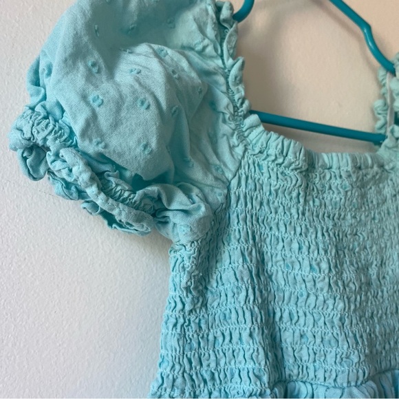 The Children’s Place Girls Puff Sleeve Smocked Dress Aqua Blue Ruffle Hem Size 4 - Picture 7 of 8